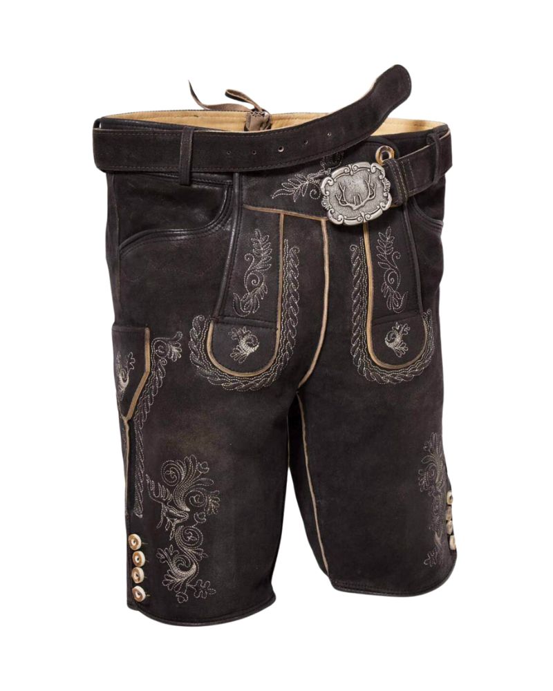 Kempten Midnight Black Lederhosen with Taupe Embroidery