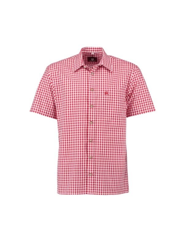 Traunstein Crimson Gingham Bavarian Shirt – Short-Sleeve Oktoberfest Wear