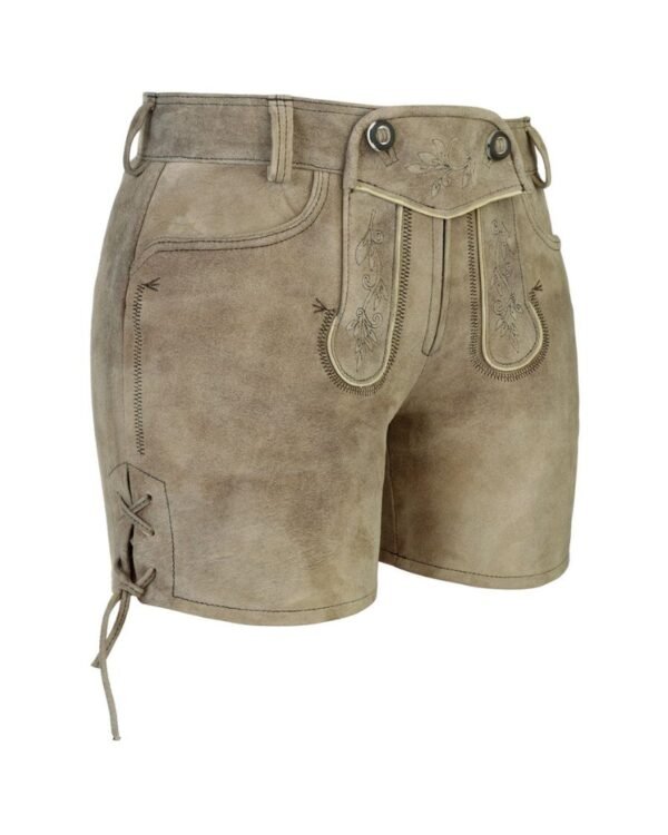 Helga Sandstone Mist Women’s Lederhosen – Soft Bavarian Suede