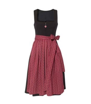 Freya – Brick Red Flower Striped Apron Midi Dirndl
