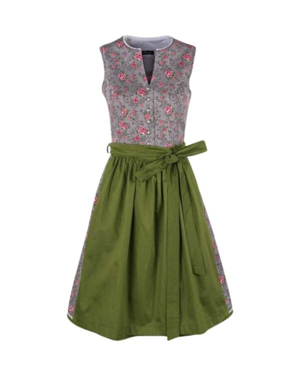 Heather Grey Rose Print Midi Dirndl with Moss Green Apron
