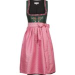 Emerald Green Dirndl with Rose Pink Apron & Floral Embroidery