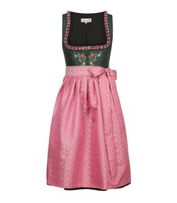 Emerald Green Dirndl with Rose Pink Apron & Floral Embroidery