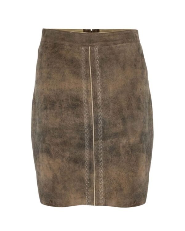 Helmine Taupe Brown Leather Skirt – Braided Trim Bavarian Goat Suede