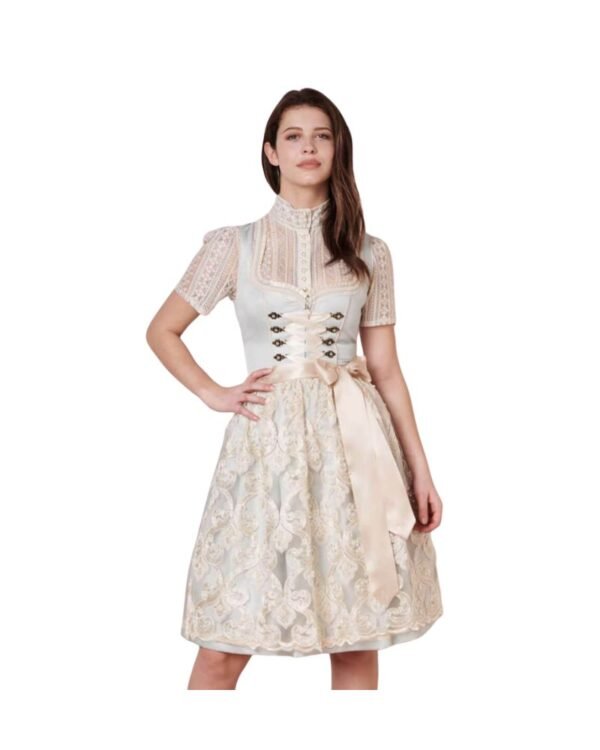 Berching – Glacier Blue Velvet Dirndl with Almond Lace Apron