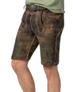 side view Vintage Walnut Brown lederhosen with Forest Green Embroidery