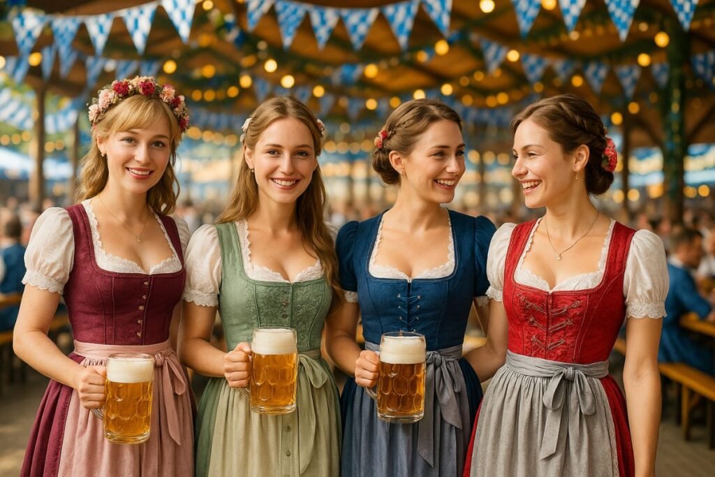 girld wearing dirndl dress and holding bear glass