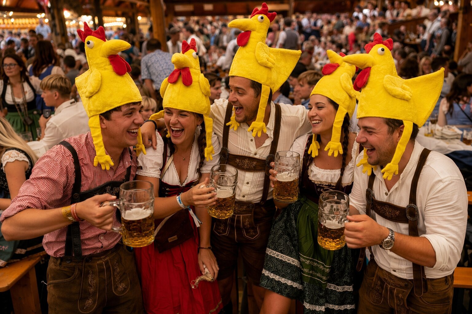 people wearing chicken hat at oktoberfest and enjoying 