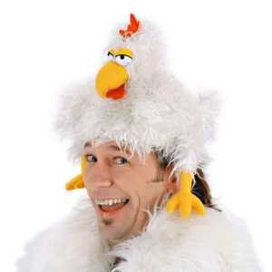 men smiling and wearing chicken hat